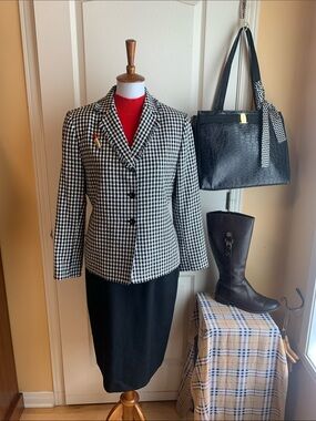 Vintage academia Kasper ASL check plaid print fringe collar blazer